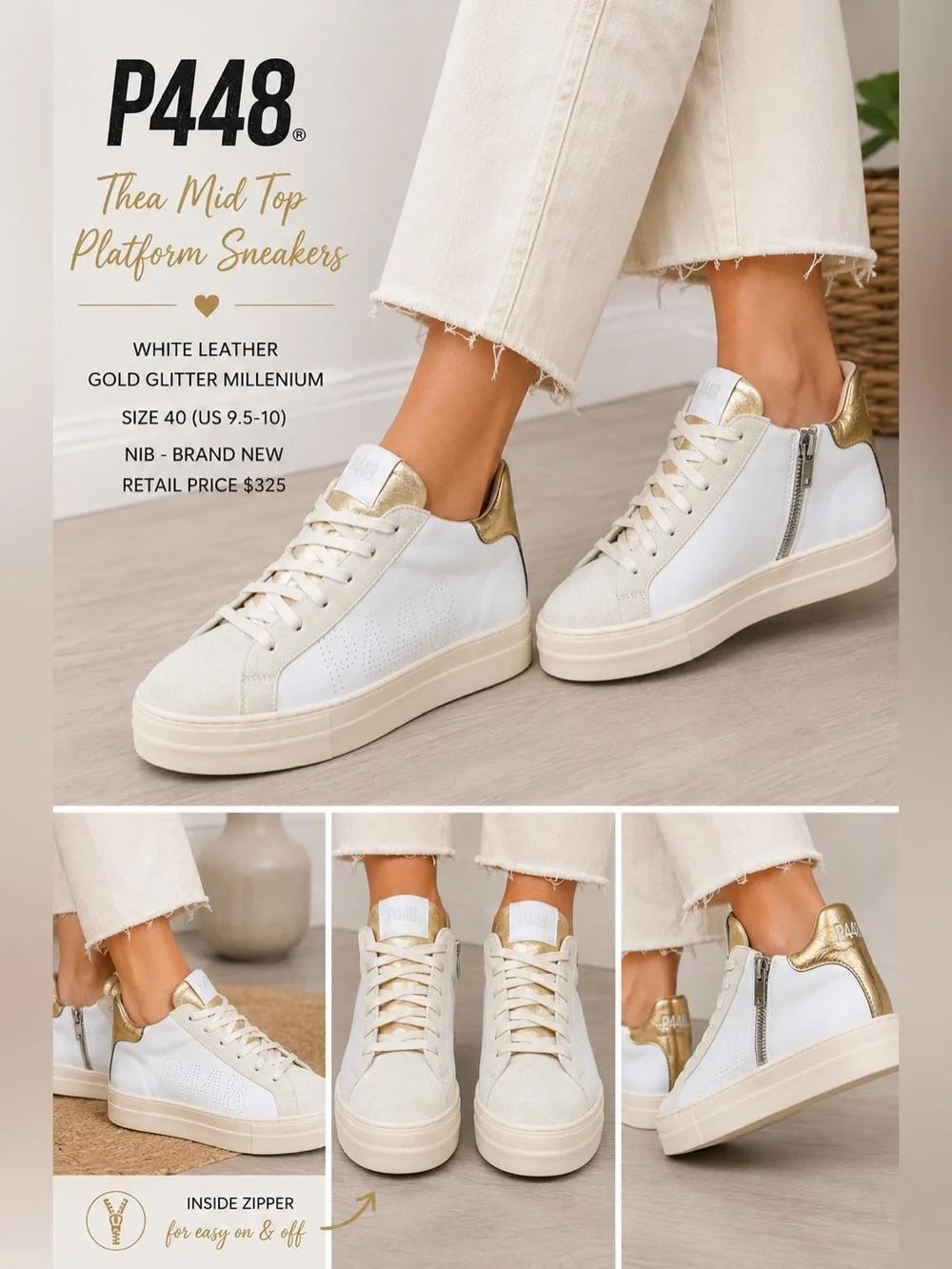 P448 Thea Mid Top Platform Sneakers White Leather Gold Glitter Millenium 40 NIB